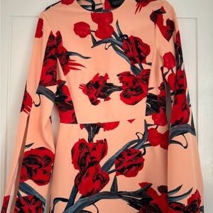 Topshop floral long sleeve mini dress - peach and red